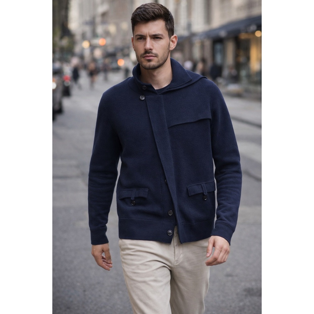 Mens‎ Navy Blue Knitted TSE Hooded Cardigan Jacket Full Zip Pockets Casual Style